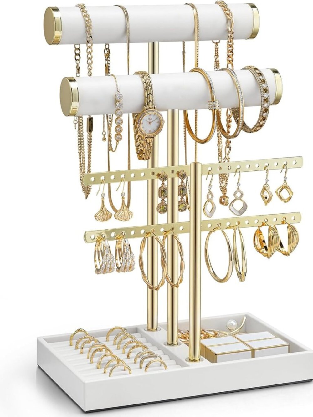 Elegant 3-Tier Jewelry Organizer with Tray - Gold Necklace & Bracelet Display